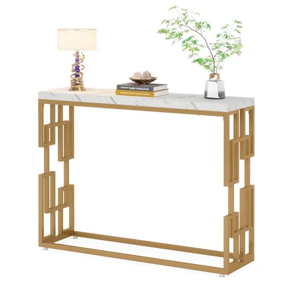 BYBLIGHT Turrella 42.5 in. White Gold Rectangle Wood Console Table with Geometric Wood Base for Living Room