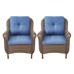 Chrysanthemum Armrest Series 2-Pack Outdoor Brown Wicker Outdoor Lounge Chair with CushionGuard Blue Cushions