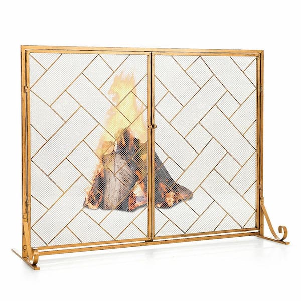 SUNRINX Gold Wrought Iron 2-Panel Fireplace Screen with Doors MG54