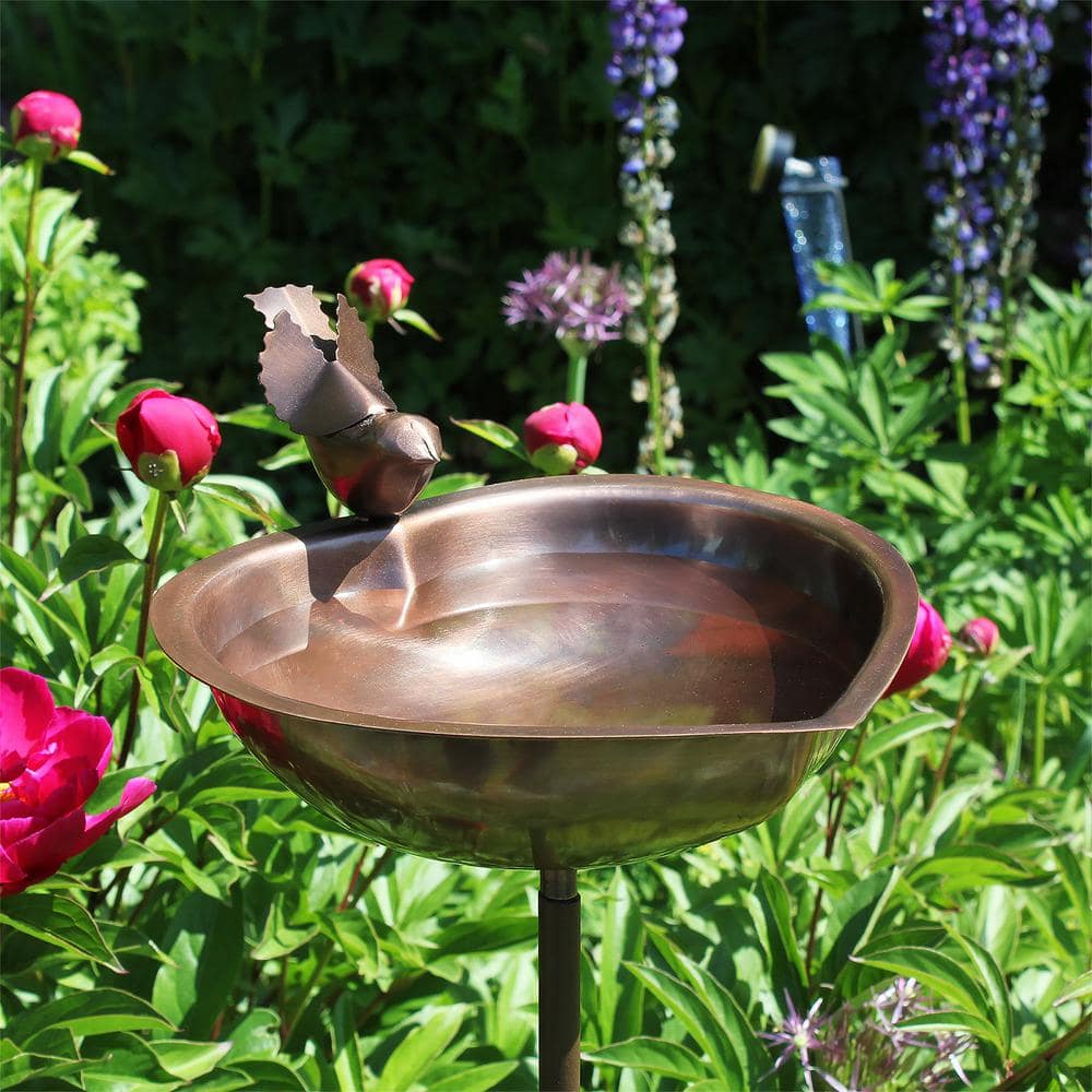 Antique Copper Heart Shaped Birdbath with Metal Stake