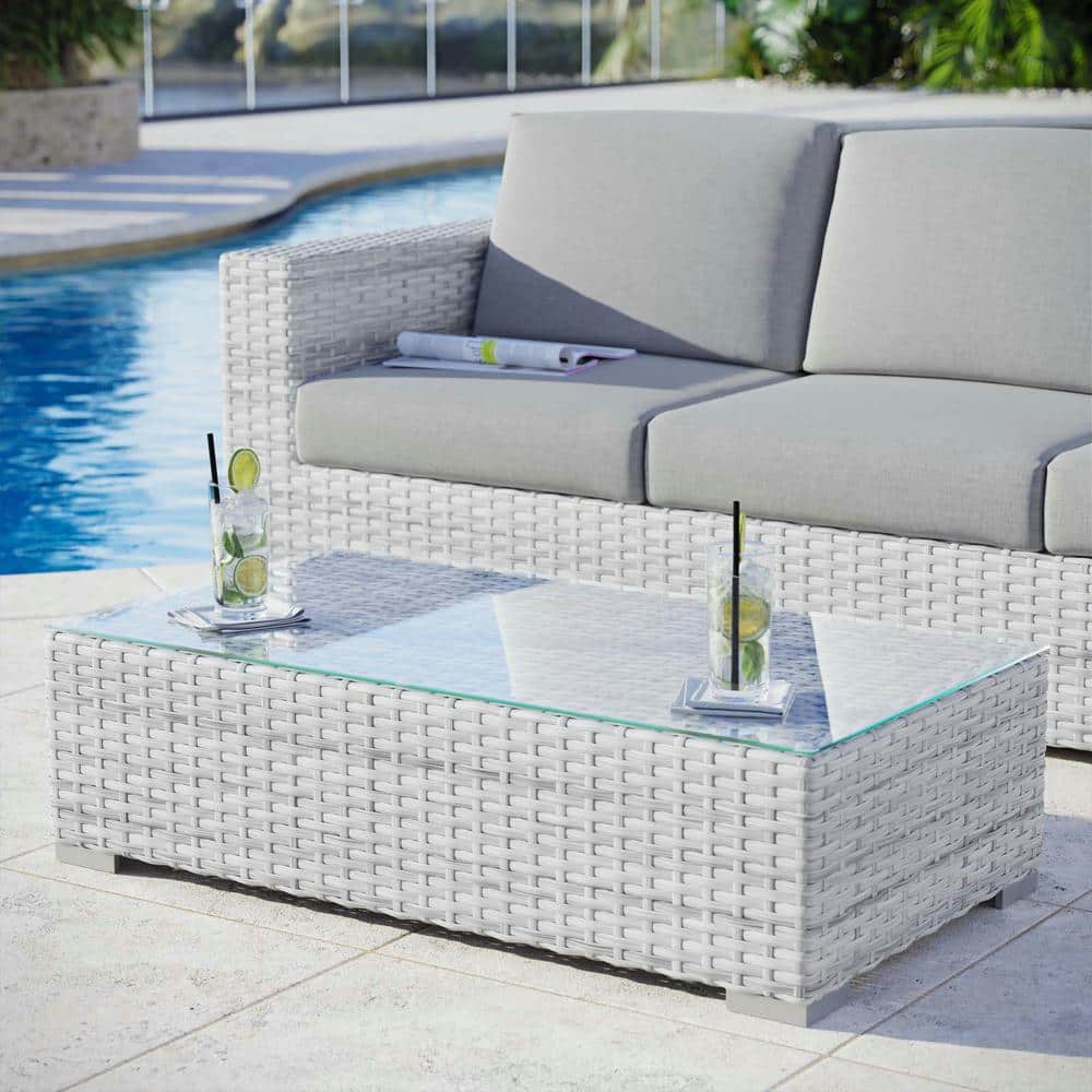 Convene Light Gray Wicker Outdoor Coffee Table with Glass Top