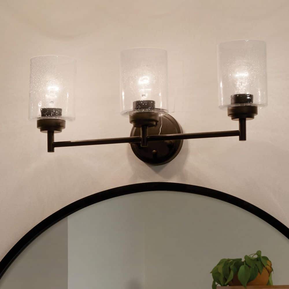 Black 3-Light Vanity Light with Clear Seeded Glass Shades