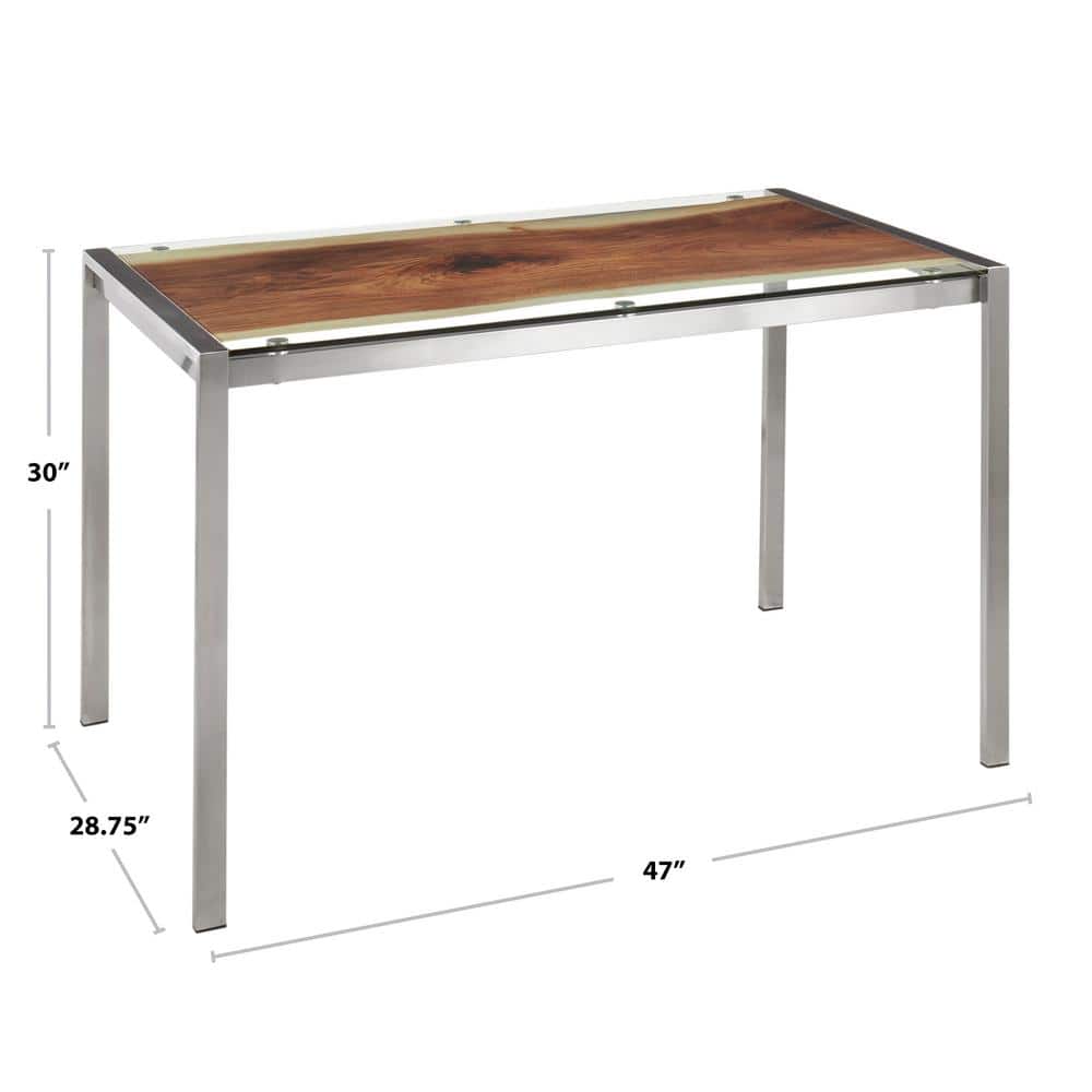 Rectangular Brown Glass Dining Table with Stainless Steel Frame