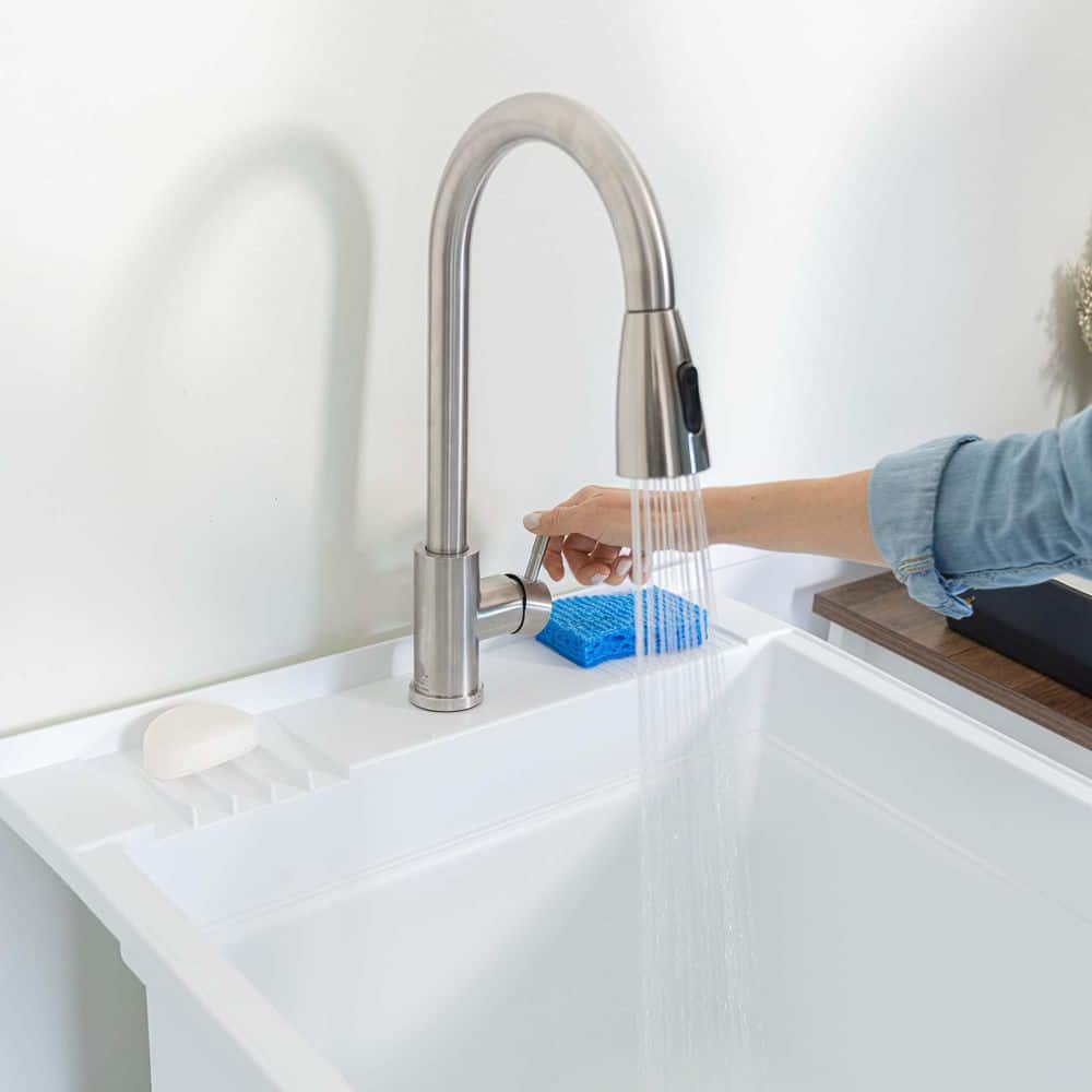24-Inch White Polypropylene Freestanding Utility Sink with Stainless Steel Faucet
