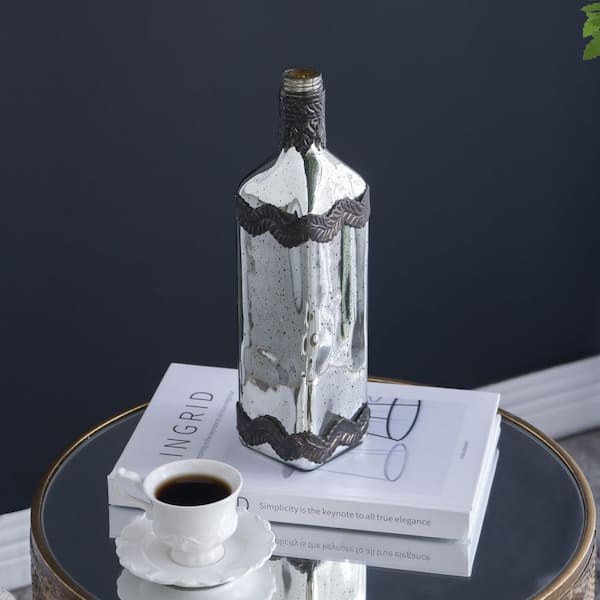 3 in. D x 12 in. H Antique Silver Glass Bottle Vase with Bronze Leaf