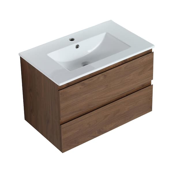 Logmey 30 in. W x 18 in. D x 20 in. H Bath Vanity in Brown Oak with White Ceramic Top