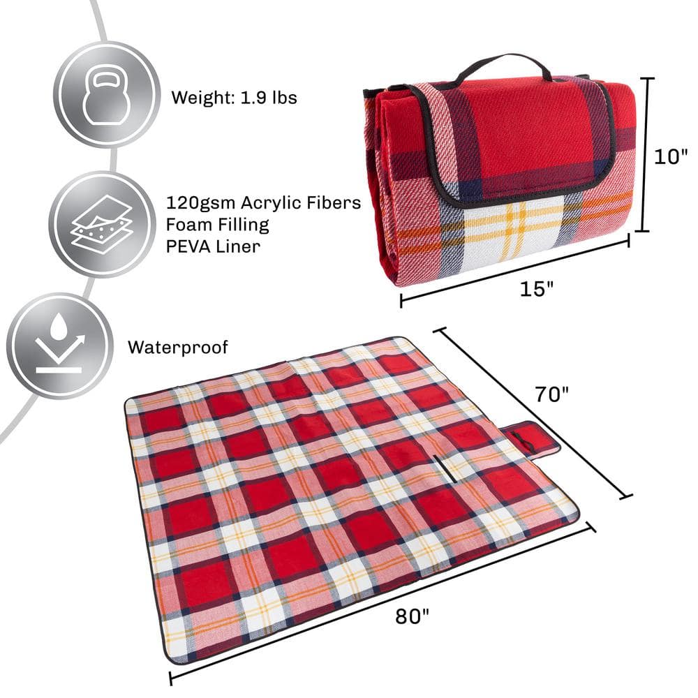 Oversized Red Plaid Waterproof Foam Padded Picnic Blanket
