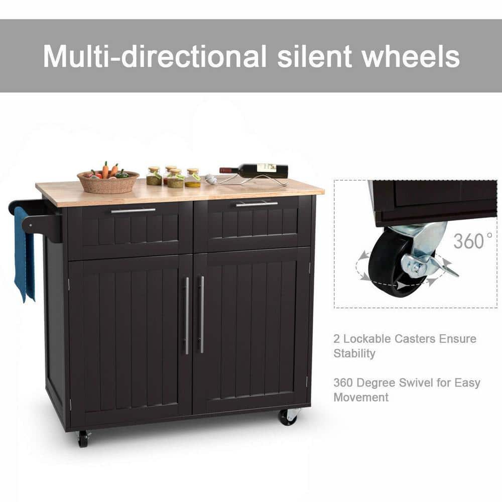 Brown Rubberwood Kitchen Cart with Storage and Casters