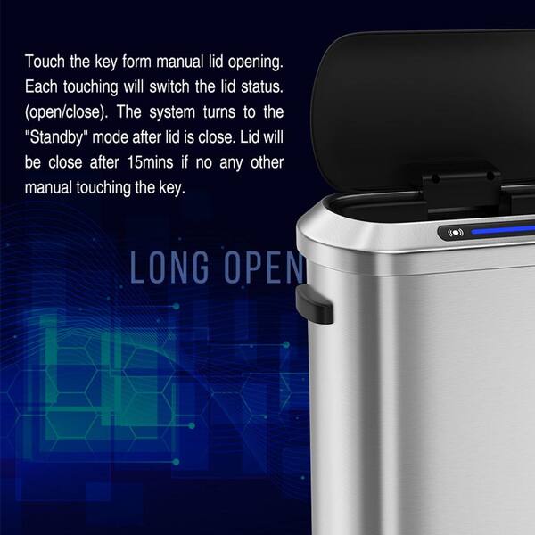 Unbranded - 13 Gal. Black Silver Touchless Automatic Metal Trash Can with Full Intelligent Sensor, Hands-Free and Quiet Operation