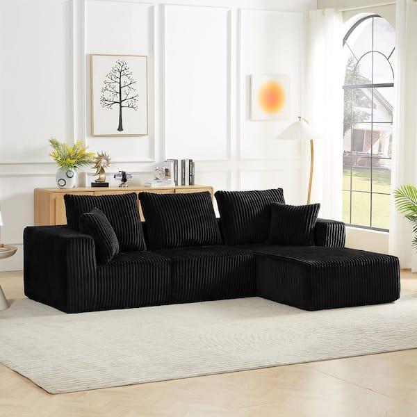 Lucia 103.5 in. Corduroy Upholstered L-Shaped Compressed Sectional Sofa in. Black