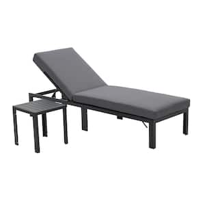 Gray Aluminum Outdoor Chaise Lounge Chair and 5-Position Adjustable Recliner with Coffee Table