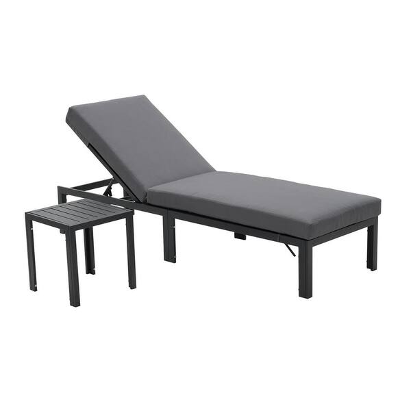 OVASTLKUY Gray Aluminum Outdoor Chaise Lounge Chair and 5-Position Adjustable Recliner with Coffee Table