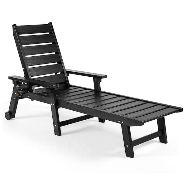 EGEIROSLIFE ZeaLuxe 1-Piece Black HDPE Plastic Outdoor Patio Chaise Lounge with Wheels and Adjustable Backrest
