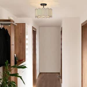 Modern 3-Light Drum Semi-Flush Mount 12.6 in. Vintage Painted Black Ceiling Light with Stained Glass Shade for Bedroom