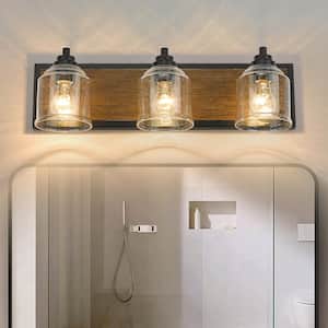 Modern 23 in. 3-Light Black and Dark Wood Grain Vanity-Light with Clear Seeded Glass Shades