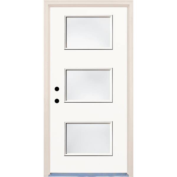 Builders Choice 36 in. x 80 in. Classic Right-Hand 3 Lite Clear Glass Painted Fiberglass Prehung Front Door with Brickmould