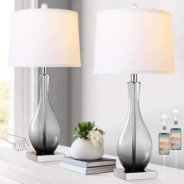 27" Modern Gray Glass Table Lamps Set of 2 with USB Ports, 3-Way Dimmable Touch Control Bedside Lamps for Living Room
