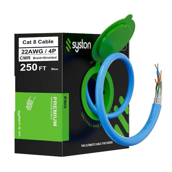 250 ft. Blue CAT8 CMR 22 AWG Ethernet Bulk Raw Cable 2GHz 40GB Individual Electromagnetic Tinned Copper Braid Shield