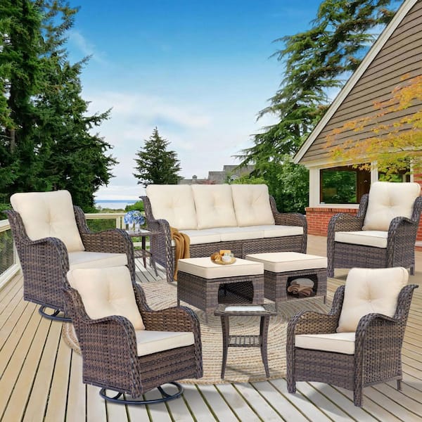Xingzjojor Brown 9-Piece Wicker Outdoor Patio Conversation Seating Sofa Set with Beige Cushions and Swivel Rocking Chairs