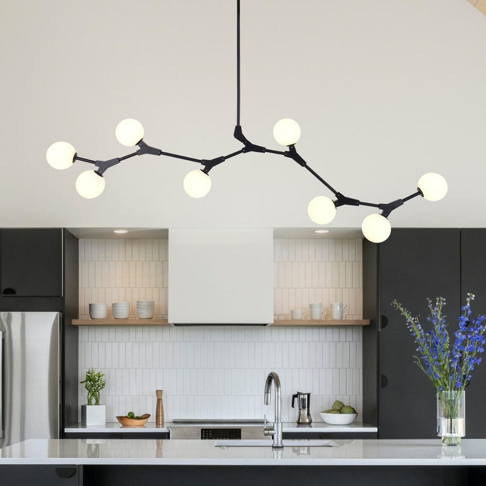HUOKU Linea 8 Light 49.2 in W Modern Industrial Black Pendant Light with Opal Glass Globes for Living Room and Dining Room
