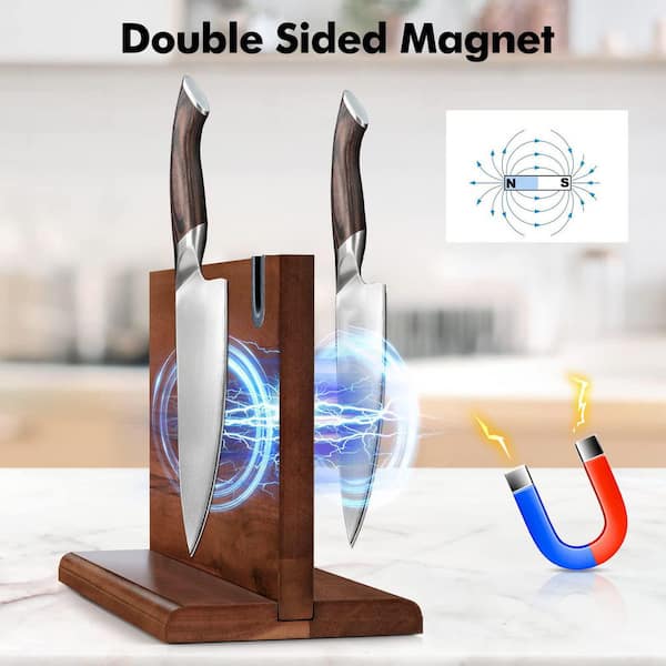 14in Acacia Wood Double-Sided Magnetic Knife Block Knife Storage Stand for Kitchen Counter with Knife Sharpener
