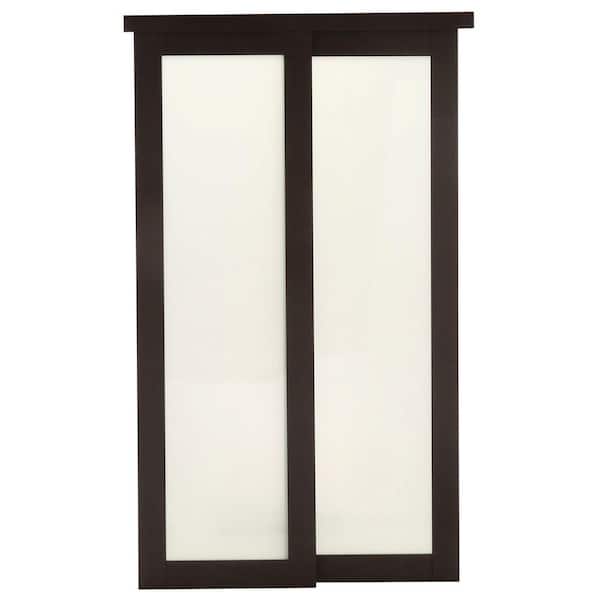 TRUporte 72 in. x 80 in. 2230 Series Espresso 1-Lite Tempered Frosted Glass Composite Sliding Door