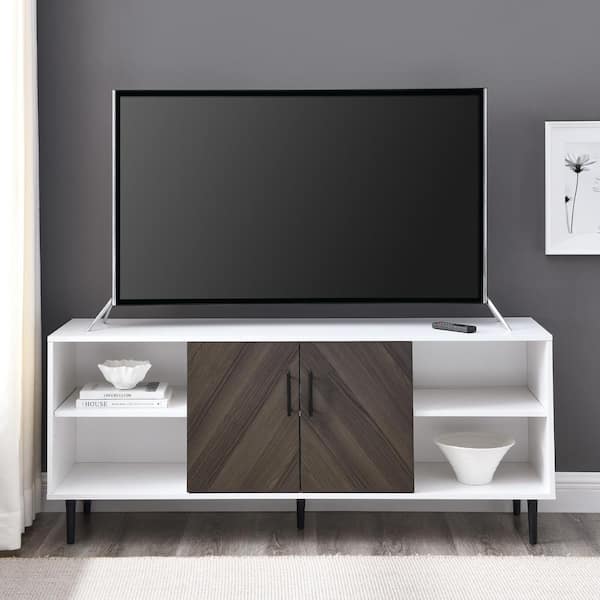 58 in. Modern Bookmatch Ash Brown & Solid White Wood TV Stand with 2 Bookmatch Doors (Max TV Size 65 in.)