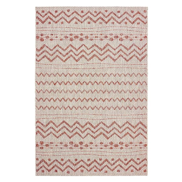 Silveria Patio Beige/Red 5 ft. x 8 ft. Geometric Chevron Polypropylene Indoor/Outdoor Area Rug