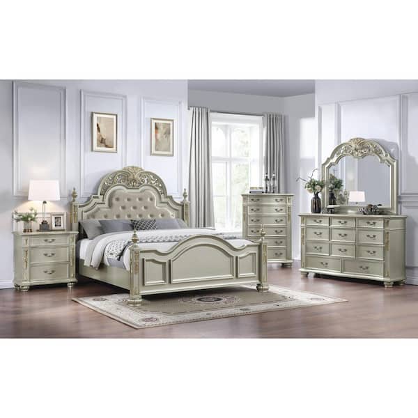Lyon Silver Champagne Wood Frame Faux Leather Upholstered Queen Panel Bed