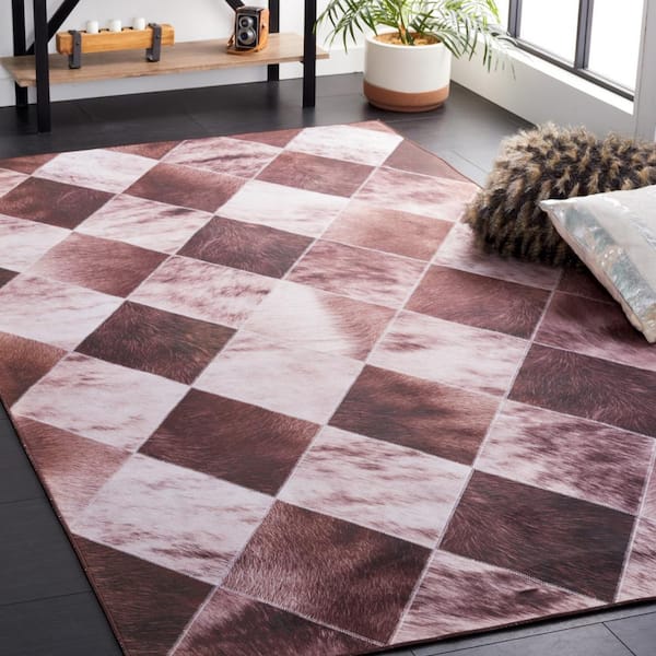 Faux Hide Light Brown/Brown 6 ft. x 6 ft. Machine Washable Plaid Gradient Square Area Rug