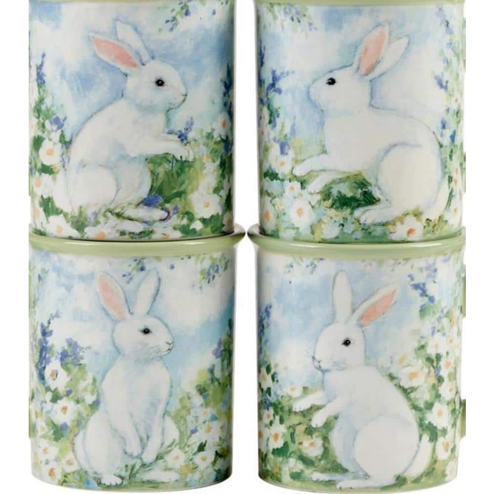 Springtime Bunny Blue Ceramic 18 oz Mugs, Set of 4
