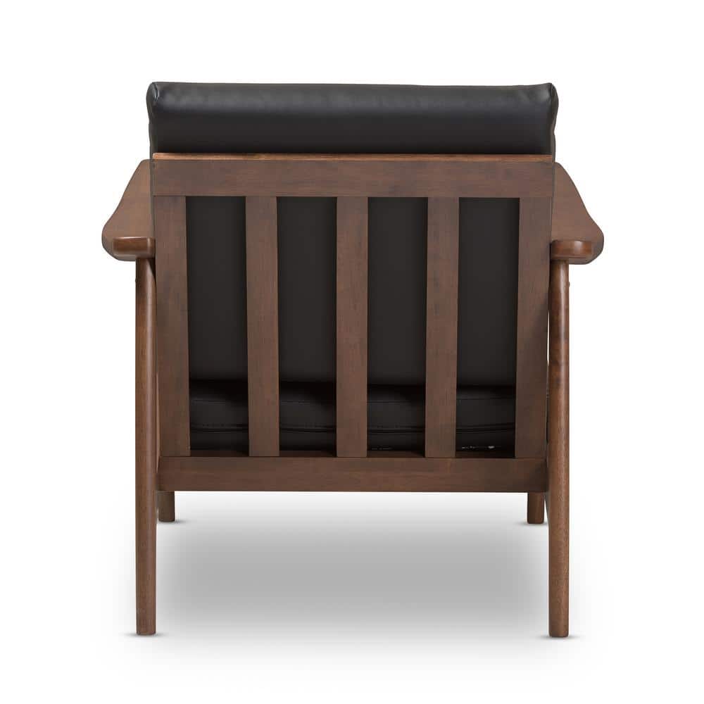 Venza Mid-Century Modern Lounge Chair in Black Faux Leather & Walnut