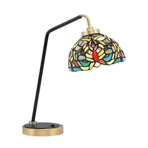 Delgado 16.5 in. Matte Black and New Age Brass Desk Lamp with Kaleidoscope Art Glass