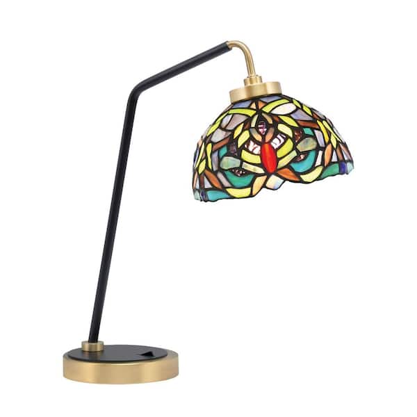 Toltec Lighting Delgado 16.5 in. Matte Black and New Age Brass Desk Lamp with Kaleidoscope Art Glass