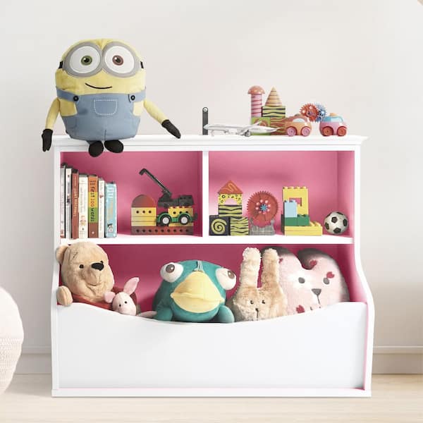 CAPHAUS Kid's Toy Storage Organizer Open Storage Cubby, Multifunctional Book and Toy Storage Cabinet in White and Pink