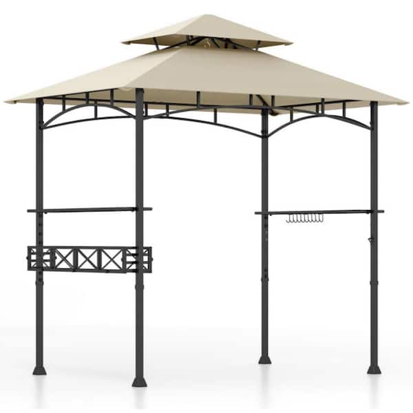 8 ft. x 5 ft. Beige Outdoor BBQ Barbecue Grill Metal Frame Tent Gazebo with 2 Side Shelves and 10 Hooks