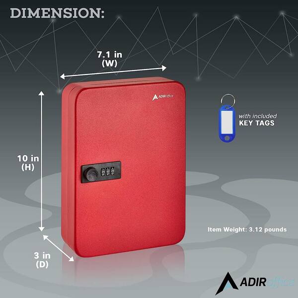 AdirOffice - 48-Key Steel Heavy-Duty Safe Lock Box Key Cabinet with Combination Lock, Red with 148-Key Tags