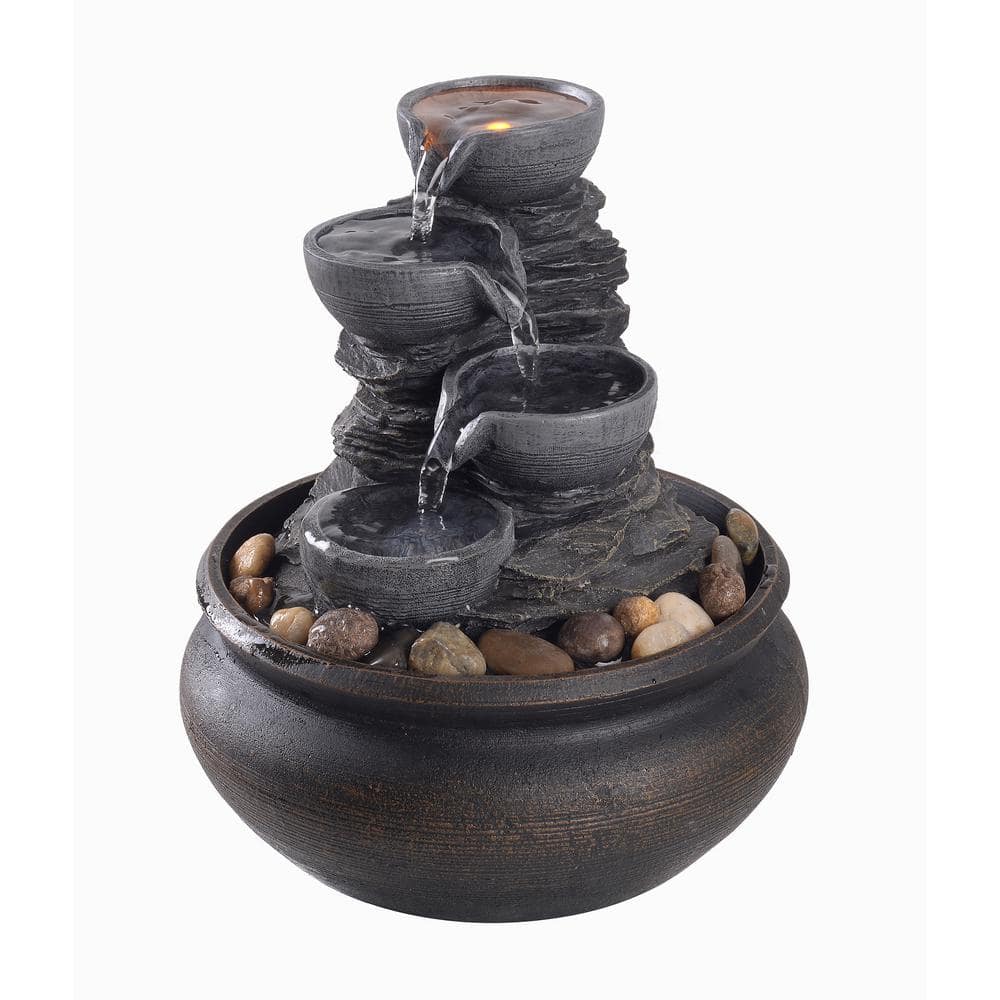 Stone Gray 4-Tier Tabletop Fountain with LED Lights