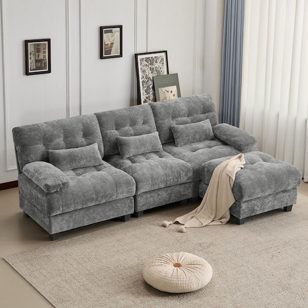 Sinclair 119 in. Chenille L-Shaped Tufted Modular Sectional Sofa in. Gray with Adjustable Backrest, Ottoman, Pillows