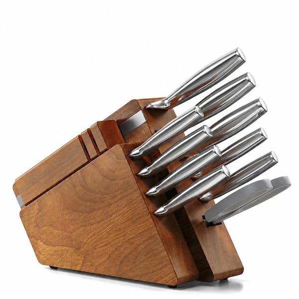 12-Piece High Carbon Stainless Steel Kitchen Knife Set with Rubberwood Block and Detachable Sharpener