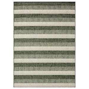 Patio Country Charlotte Green/Ivory 5 ft. x 7 ft. Modern Striped Indoor/Outdoor Area Rug