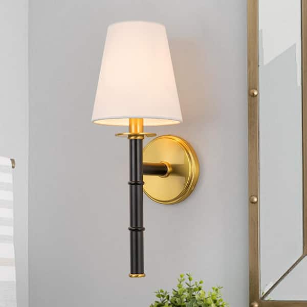 HUOKU Bamknot 5.9 in. W 1-Light Aged Brass Gold and Stain Black Vanity Light Wall Sconce with Fabric Shade