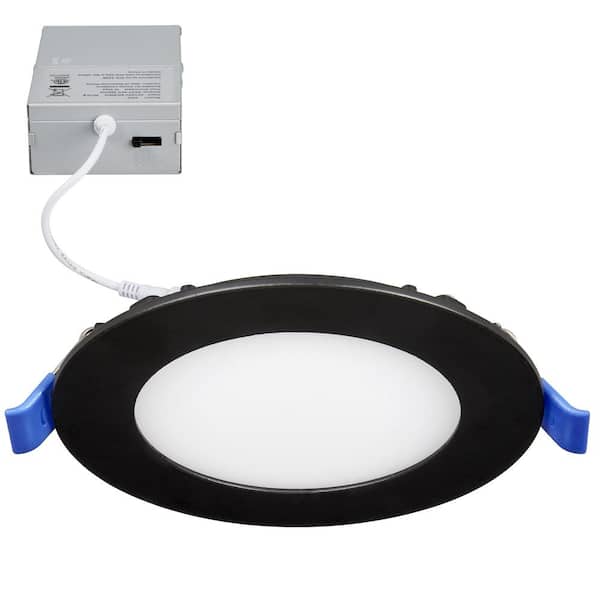 Maxxima 4 in. Slim Round Recessed LED Downlight, Black Trim, Canless IC Rated, 700 Lumens, 5 CCT Color Selectable 2700K-5000K