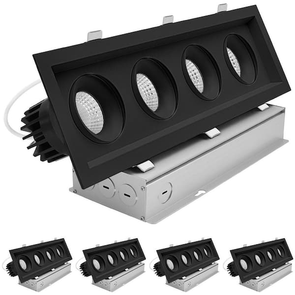 4-Head Integrated LED Rectangular Black Regressed Gimbal Recessed Light Trim 360°+15° Swivel 5CCT 60W 4000LM 4 Pack