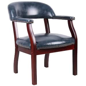 Antique Blue Vinyl Traditional Captains Chair, Mahogany Wood Finish, Brass Nail Heads
