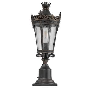 Coffee Golden Aluminium Antique Crown Outdoor Post Lantern with Clear Glass Shade and Antique Metal Base (No bulb)