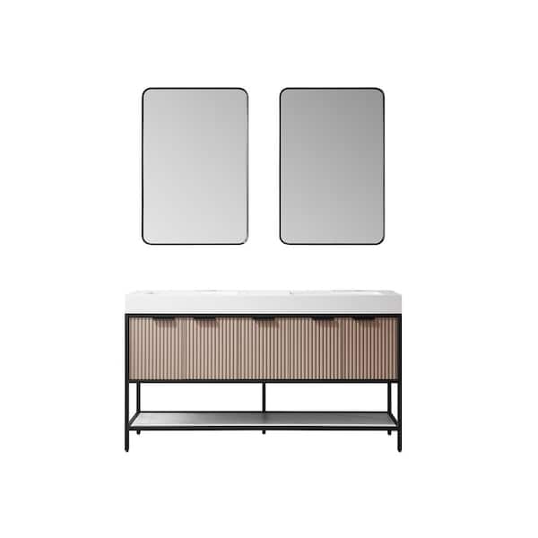 ROSWELL Marcilla 60 in. W x 20 in. D x 34 in. H Double Sink Bath Vanity in Almond Coffee with White Integral Sink Top and Mirror