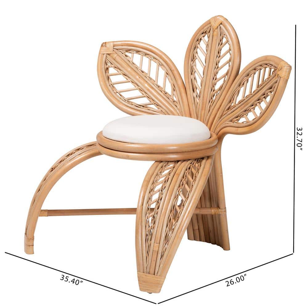 Handcrafted Natural Rattan Leaf Accent Chair with White Cushion