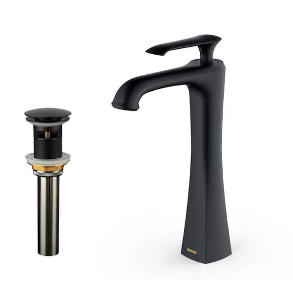 Karran Woodburn Single Handle Single Hole Vessel Bathroom Faucet with Matching Pop-Up Drain in Matte Black