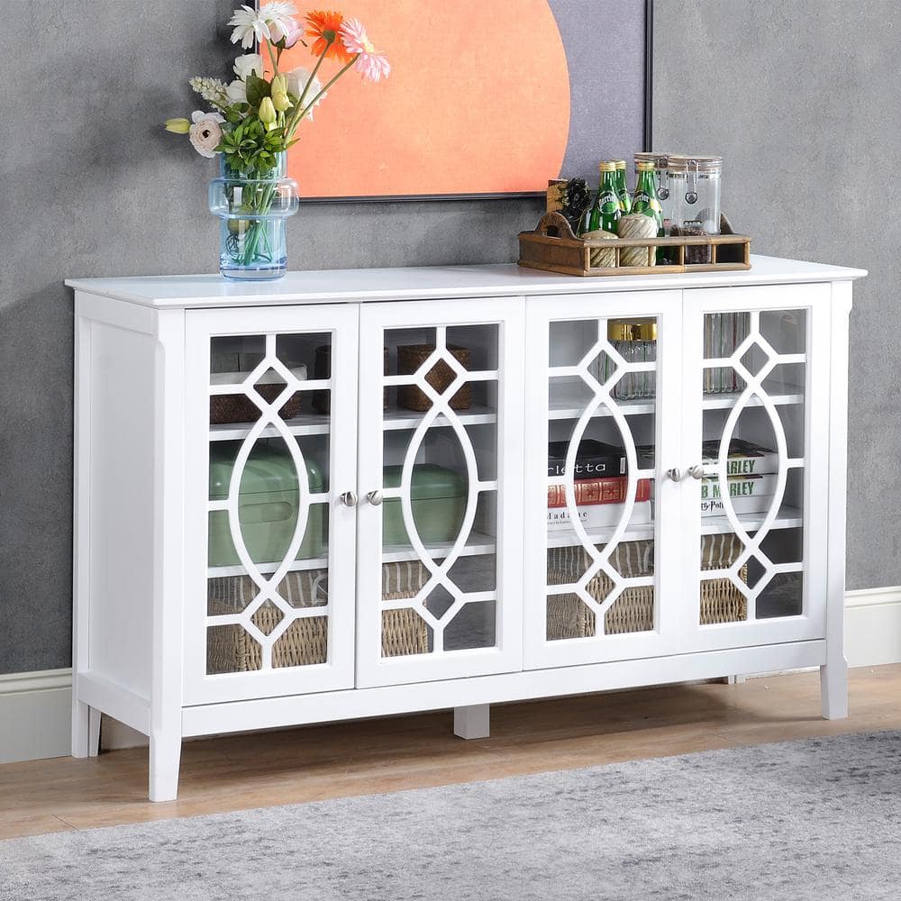 White Glass Door Sideboard Buffet Cabinet with Adjustable Shelves